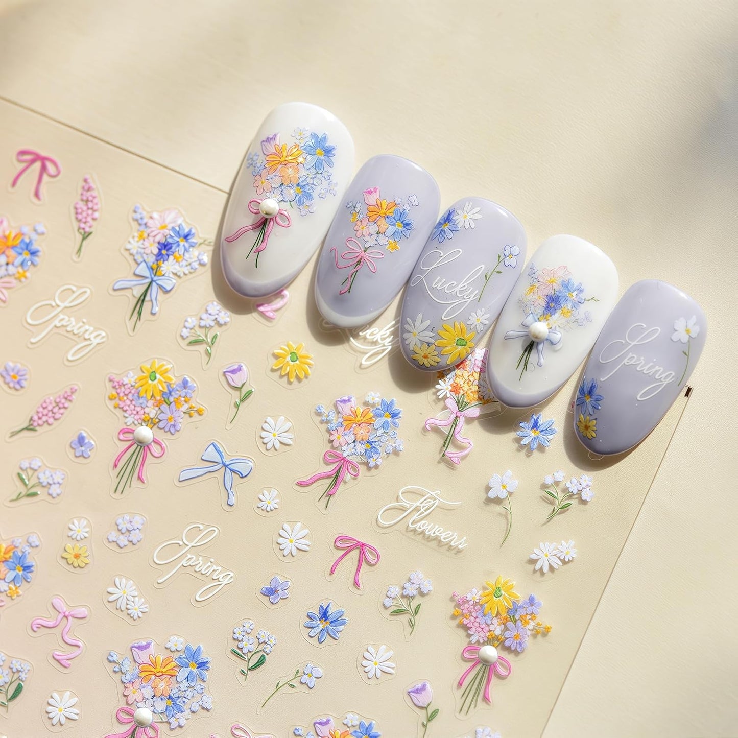 Spring Flowers Nail Stickers 5D Self-Adhesive Embossed Ribbon Bow Floral Pearl Rhinestones Design Decals Spring Romantic Flowers Nail Art Charms for Women DIY Decorations Exquisite Cardboard 1Sheets