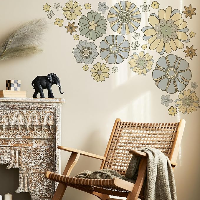 Boho Retro Flower Wall Decal - Retro Floral Decor Stickers,Peel and Stick Bohemian Style Flowers Decals for Kids Bedroom Nursery Playroom Living Room and Bedroom Wall Decorations