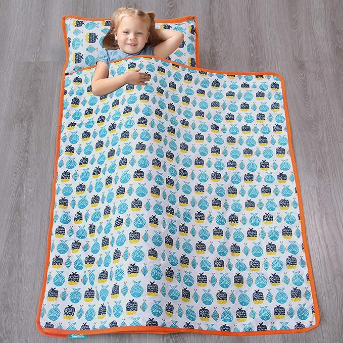 Biloban Toddler Nap Mat with Blanket, Cot Nap Mats for Standard Daycare Preschool, Roll up Lightweight Portable Sleeping Bag for Kids, Super Soft Cozy, Fish, 50" x 21"