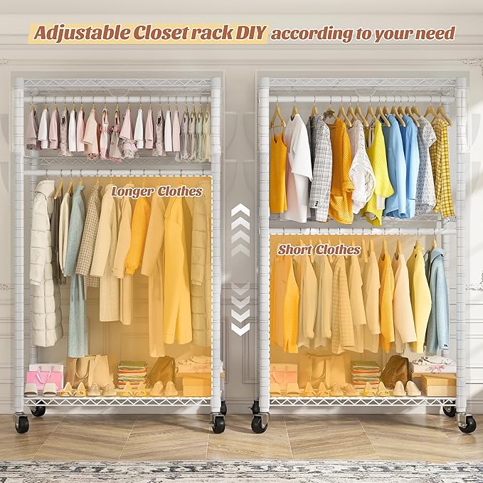 Raybee Rolling Clothes Rack with Cover Clothing Racks for Hanging Clothes Heavy Duty Portable Closet with Wheels Garment Rack 35.5" W*15.7" D*79 "H White