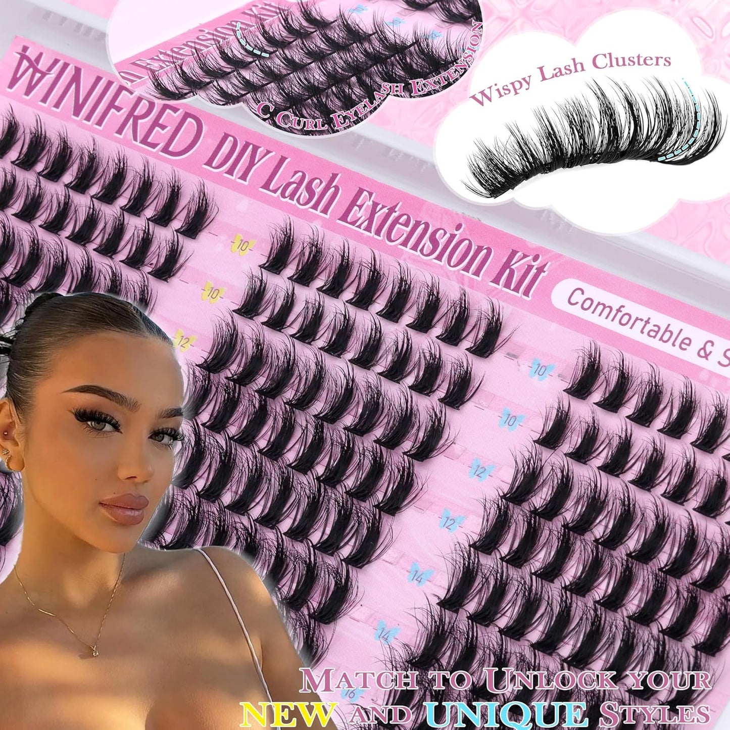 Winifred Wispy Lash Clusters Kit Fluffy Eyelash Extension Kit Manga Eyelash Clusters C Curl Volume Cluster Eyelash Extensions Kit DIY Individual Lashes with Lash Bond and Seal Tweezers (10-18mm)