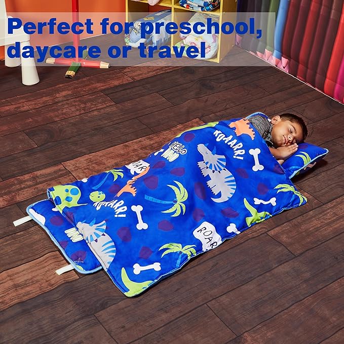 EVERYDAY KIDS Nap Mat with Removable Pillow - Roarin' Dinos - Carry Handle with Straps Closure, Rollup Design, Soft Microfiber for Preschool, Daycare, Travel Sleeping Bag - Ages 3-6 Years