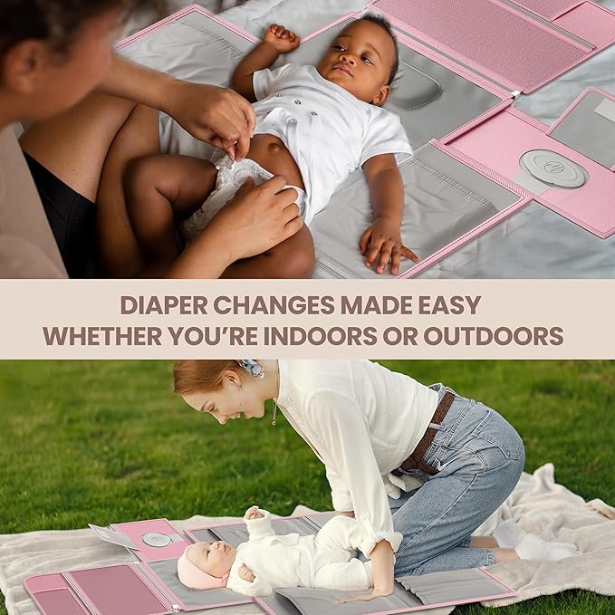 Portable Diaper Changing Pad - Large, Waterproof Travel Changing Pad for Baby with Extra Storage, Wipes Pocket & Pacifier Case - Portable Diaper Changing Station - Pink Striped
