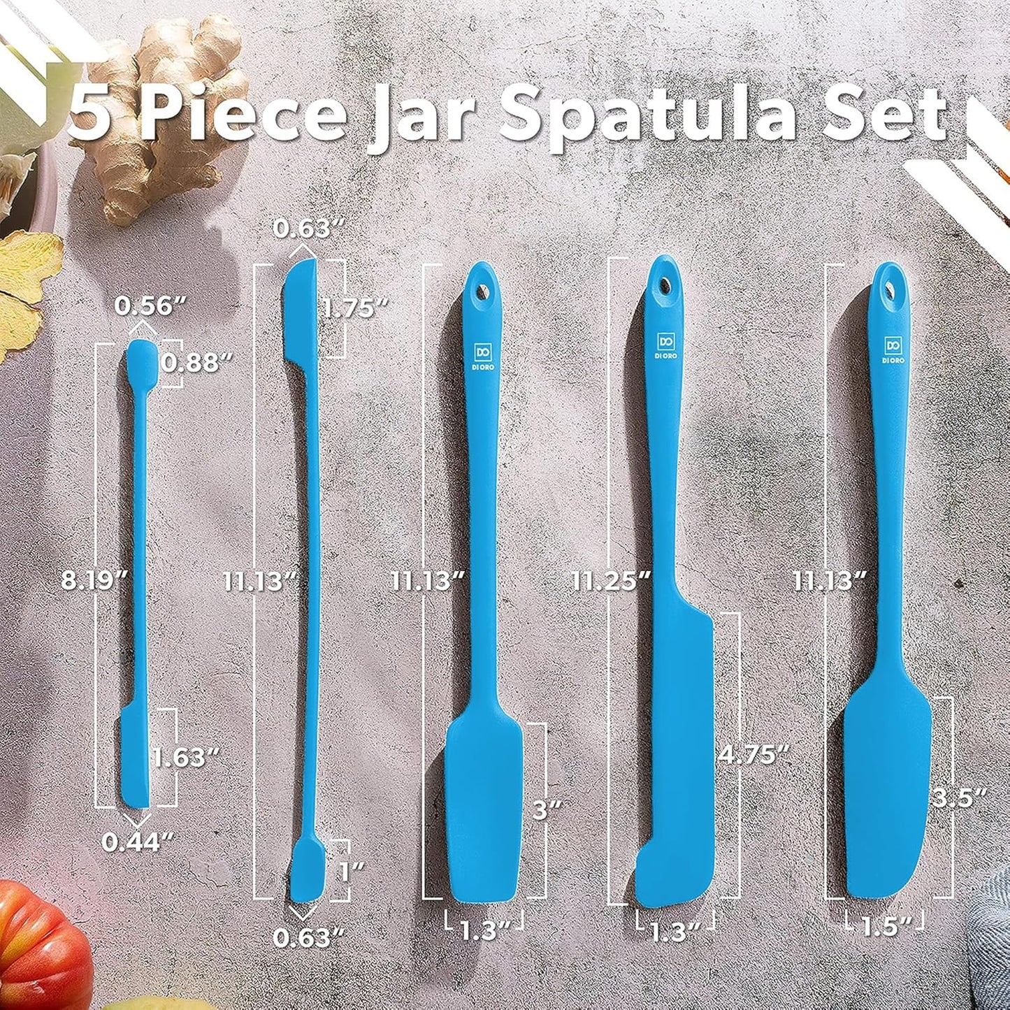 DI ORO Silicone Jar Spatulas for Scraping - Rubber Spatulas Silicone Heat Resistant - Kitchen Spatulas Nonstick Cookware Safe - Silicone Utensil Set for Blenders, Mixing, Baking, & Makeup (5pc, Blue)